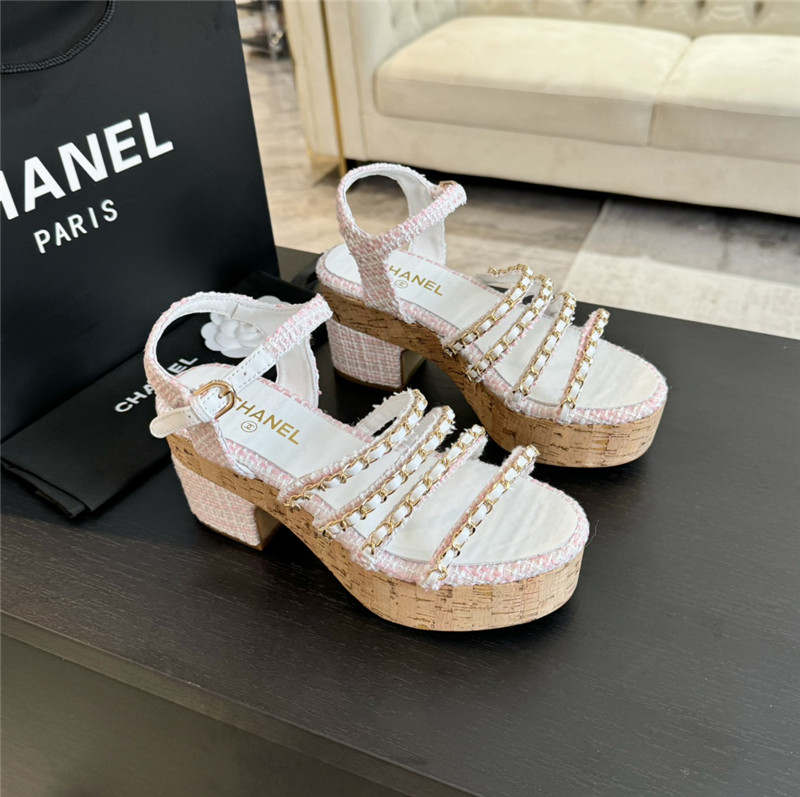 Chanel Tweed Chain Platform Sandals in White