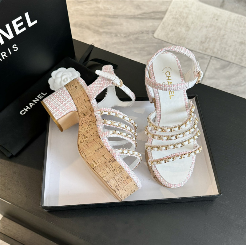 Ch**el tweed chain platform sandals in white