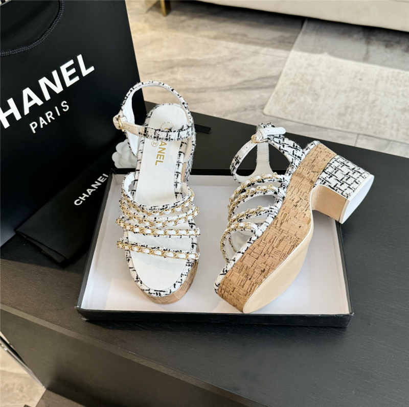 Ch**el tweed chain platform sandals
