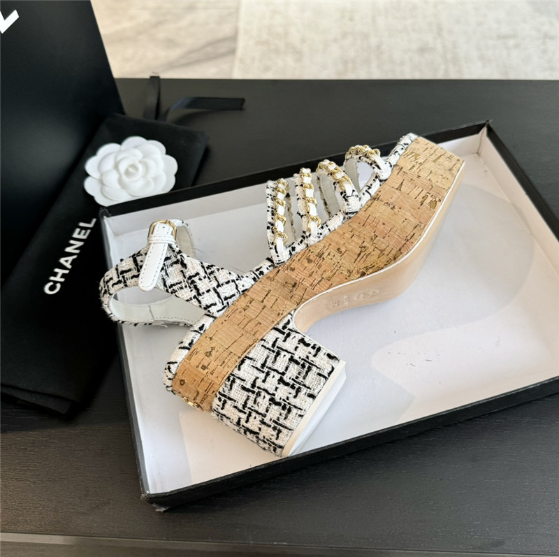 Ch**el tweed chain platform sandals