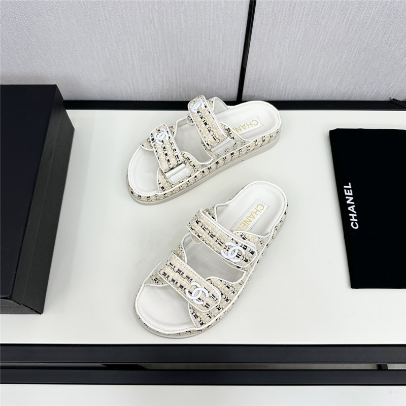 Chanel Grained Tweed Velcro Slides White