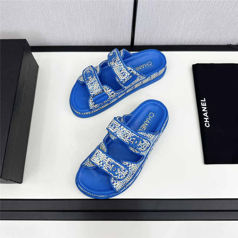 Chanel Grained Tweed Velcro Slides in Blue