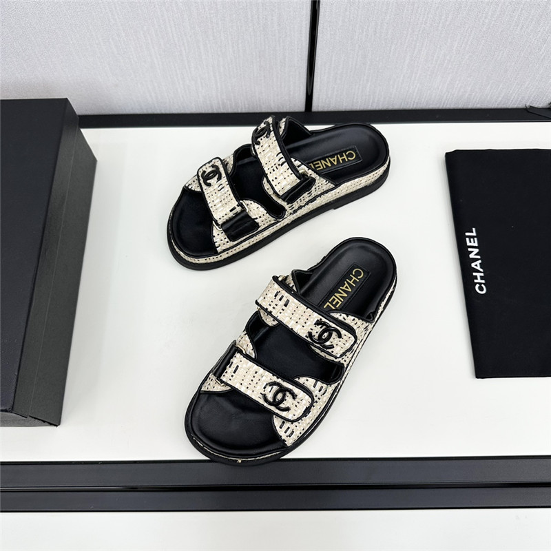 Chanel Grained Tweed Velcro Slides in Black
