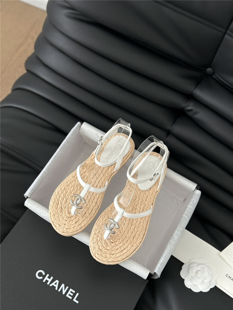 Ch**el beige calfskin raffia slingback sandals