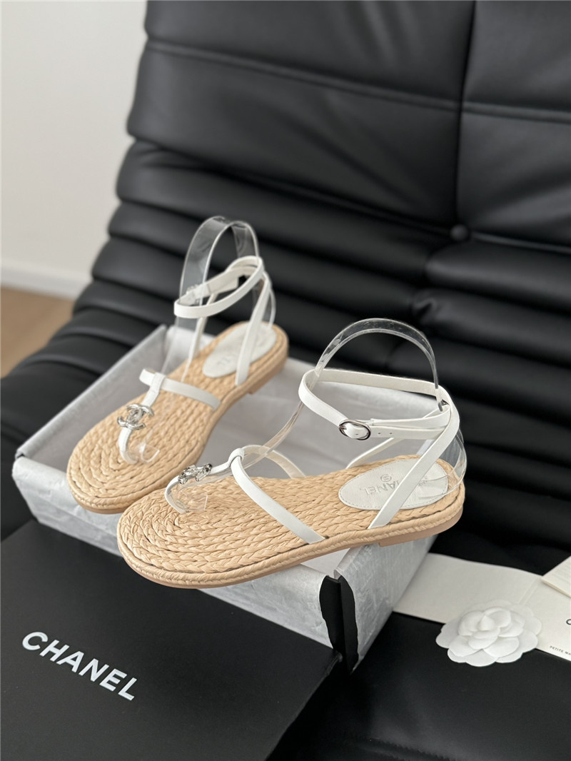 Ch**el beige calfskin raffia slingback sandals