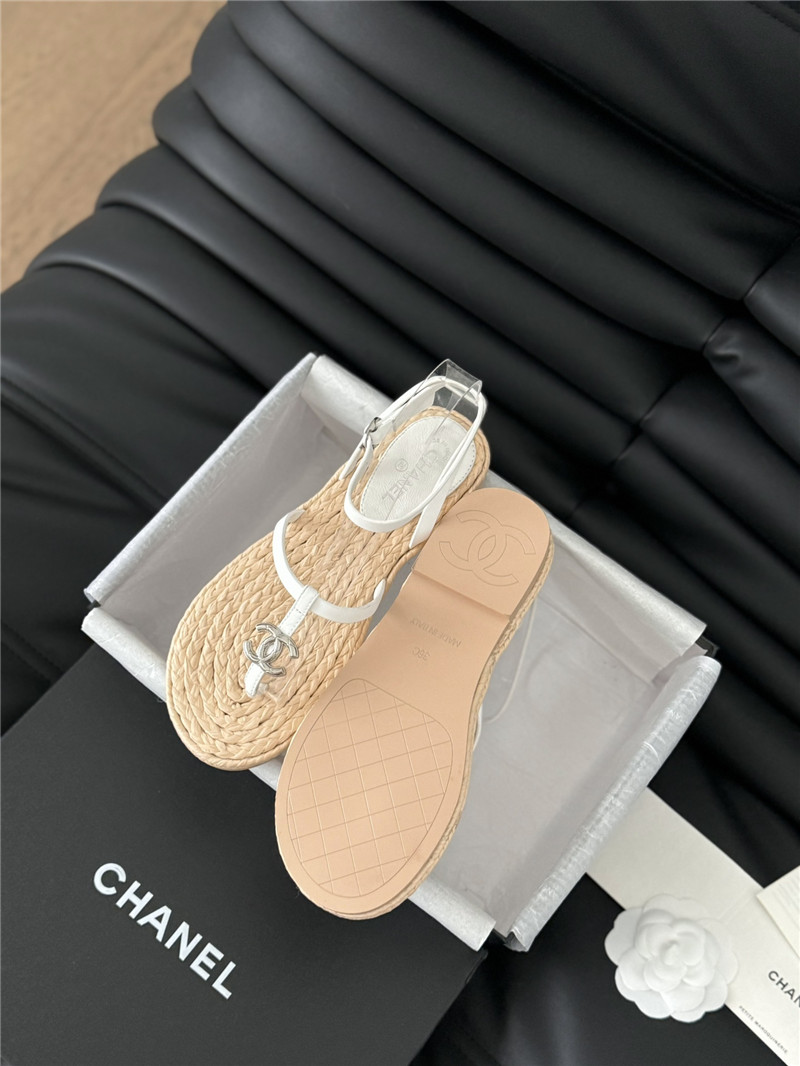 Ch**el beige calfskin raffia slingback sandals