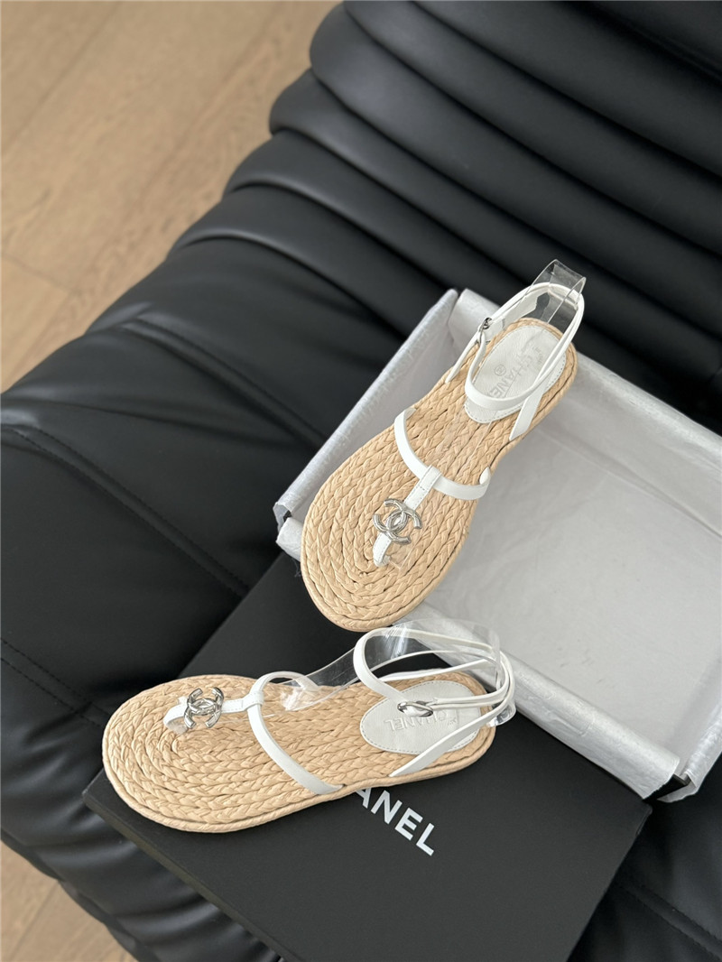Ch**el beige calfskin raffia slingback sandals