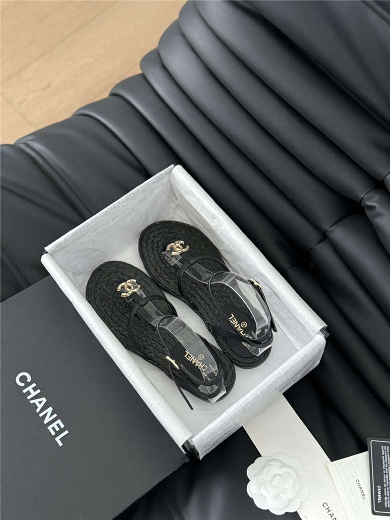 Ch**el black calfskin raffia slingback sandals