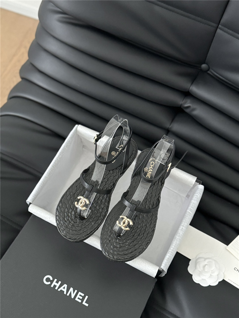 Ch**el black calfskin raffia slingback sandals
