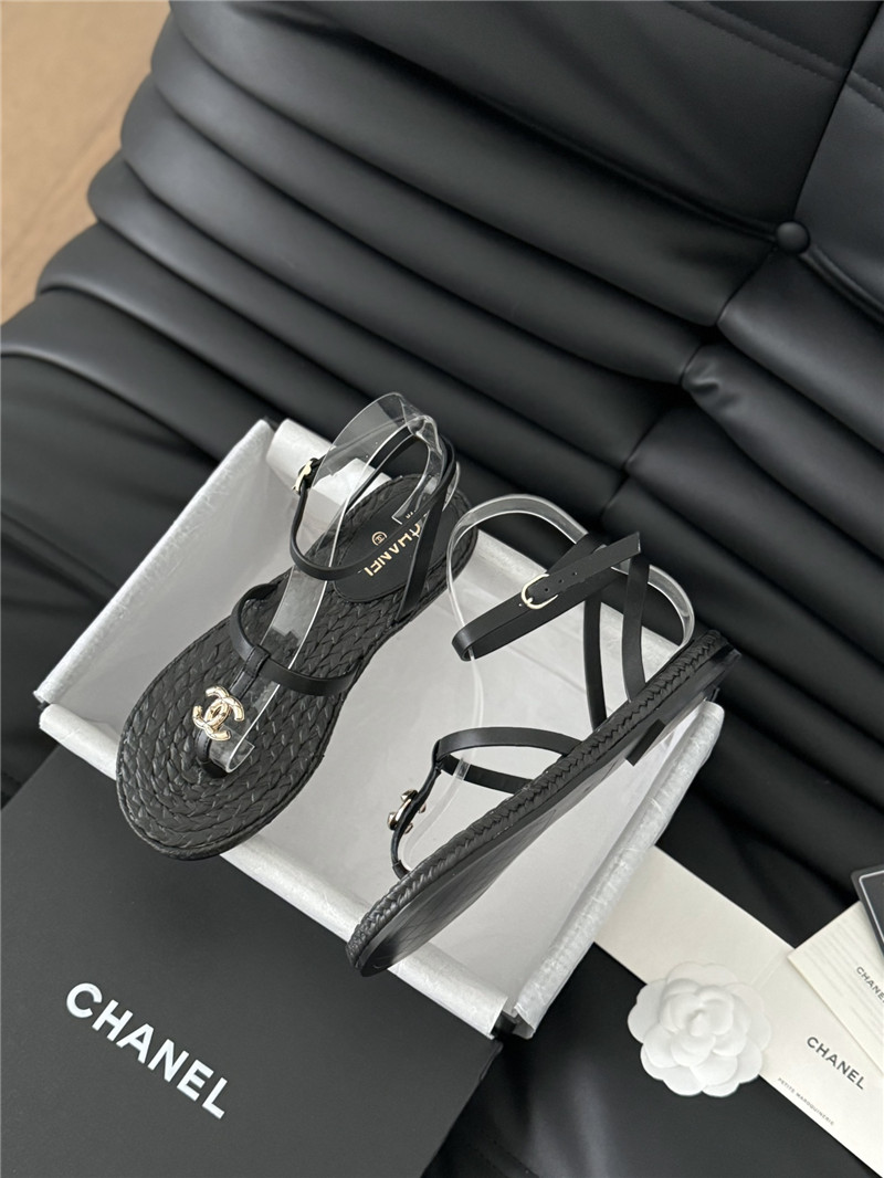 Ch**el black calfskin raffia slingback sandals