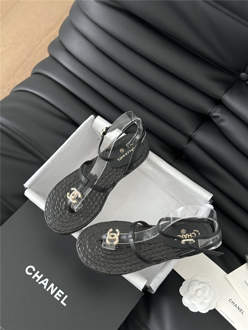 Ch**el black calfskin raffia slingback sandals