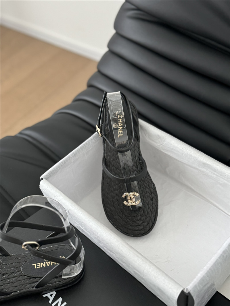 Ch**el black calfskin raffia slingback sandals