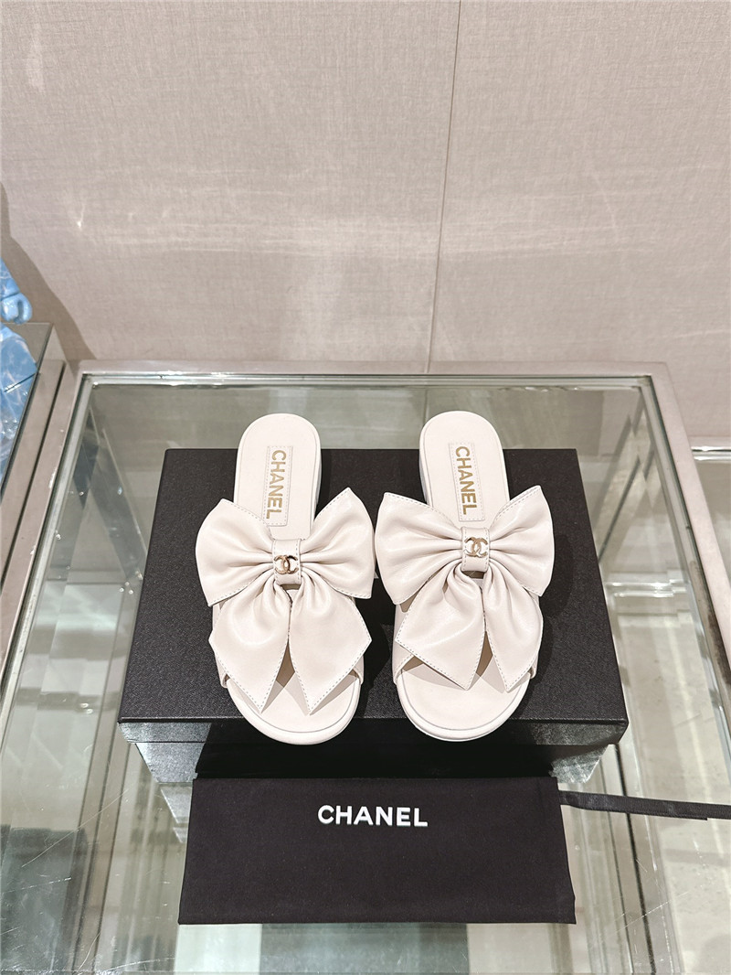 Ch**el flat silk bow leather sandals white
