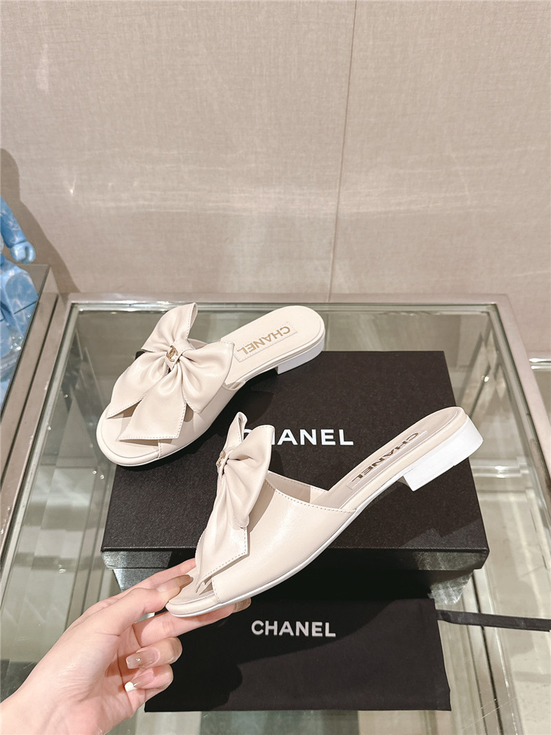 Chanel Flat Silk Bow Leather Sandals White