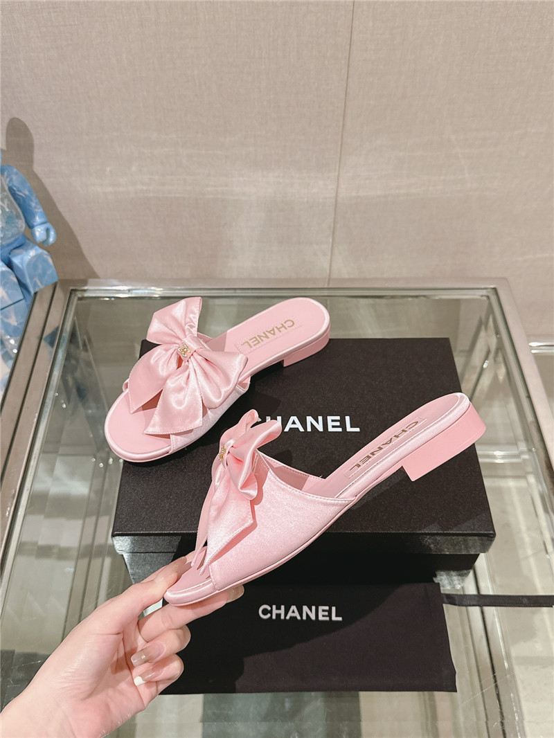 Chanel Flat Silk Bow Leather Sandals Pink