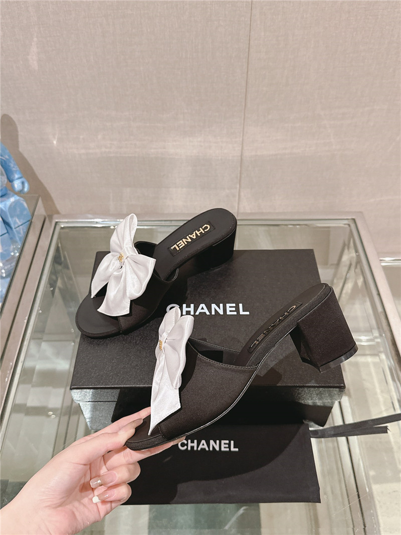 Chanel Chunky Heel Silk Bow Leather Sandals