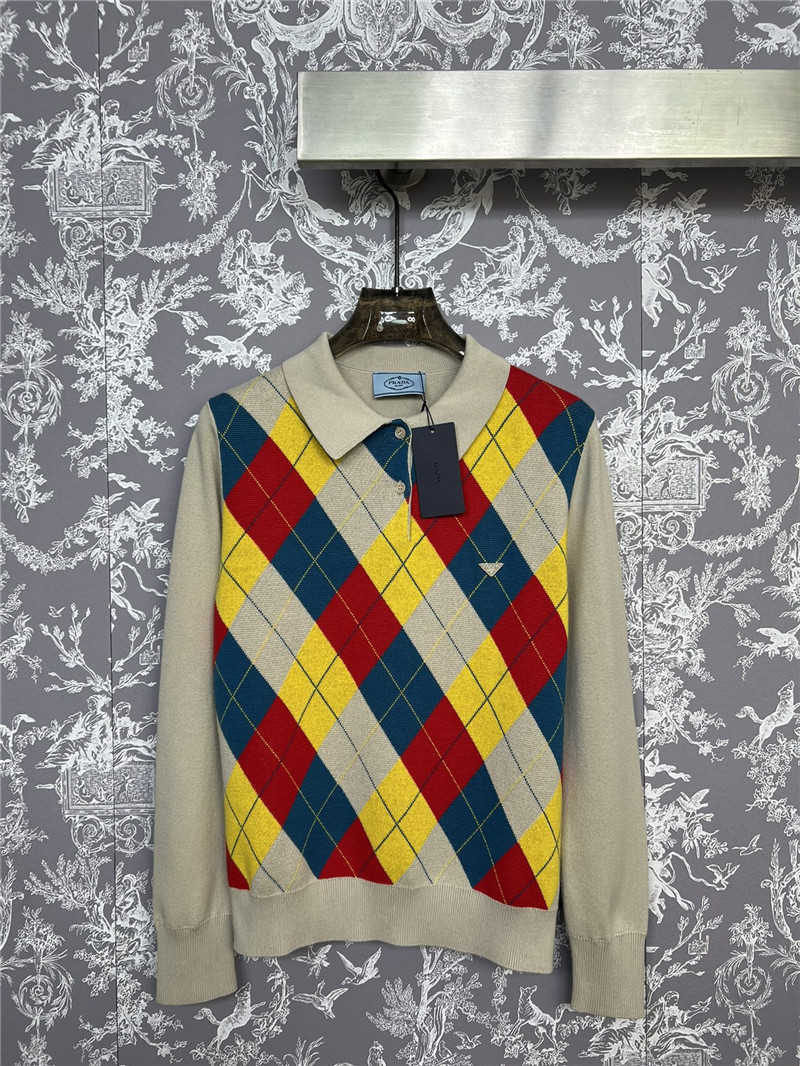 Prada Argyle Knit Wool Polo Shirt