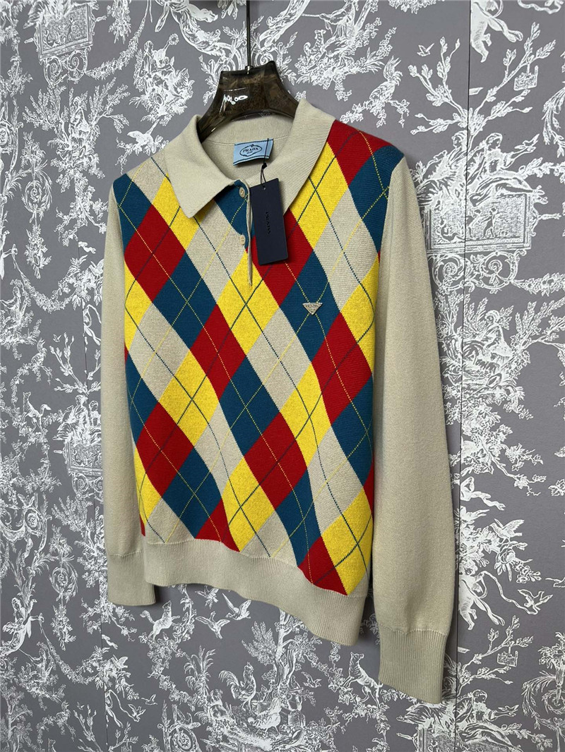 Prada Argyle Knit Wool Polo Shirt