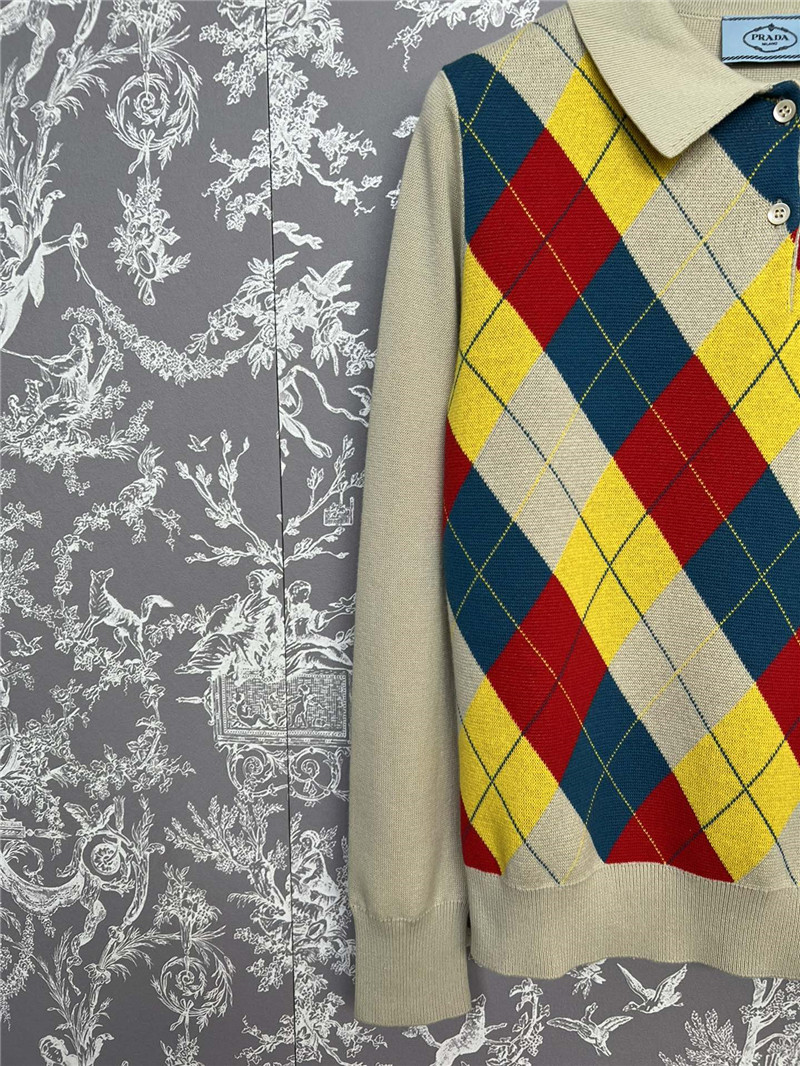 Prada Argyle Knit Wool Polo Shirt