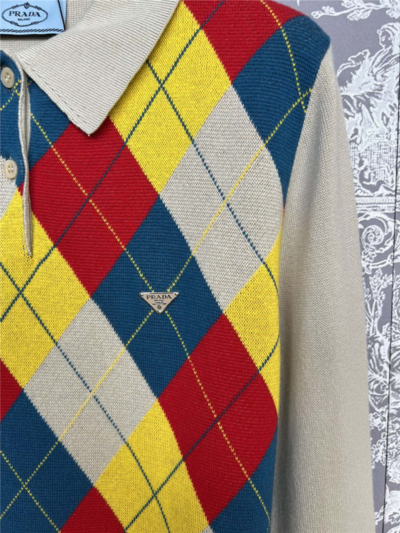 Prada Argyle Knit Wool Polo Shirt