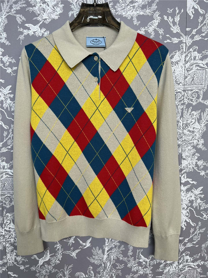 Prada Argyle Knit Wool Polo Shirt