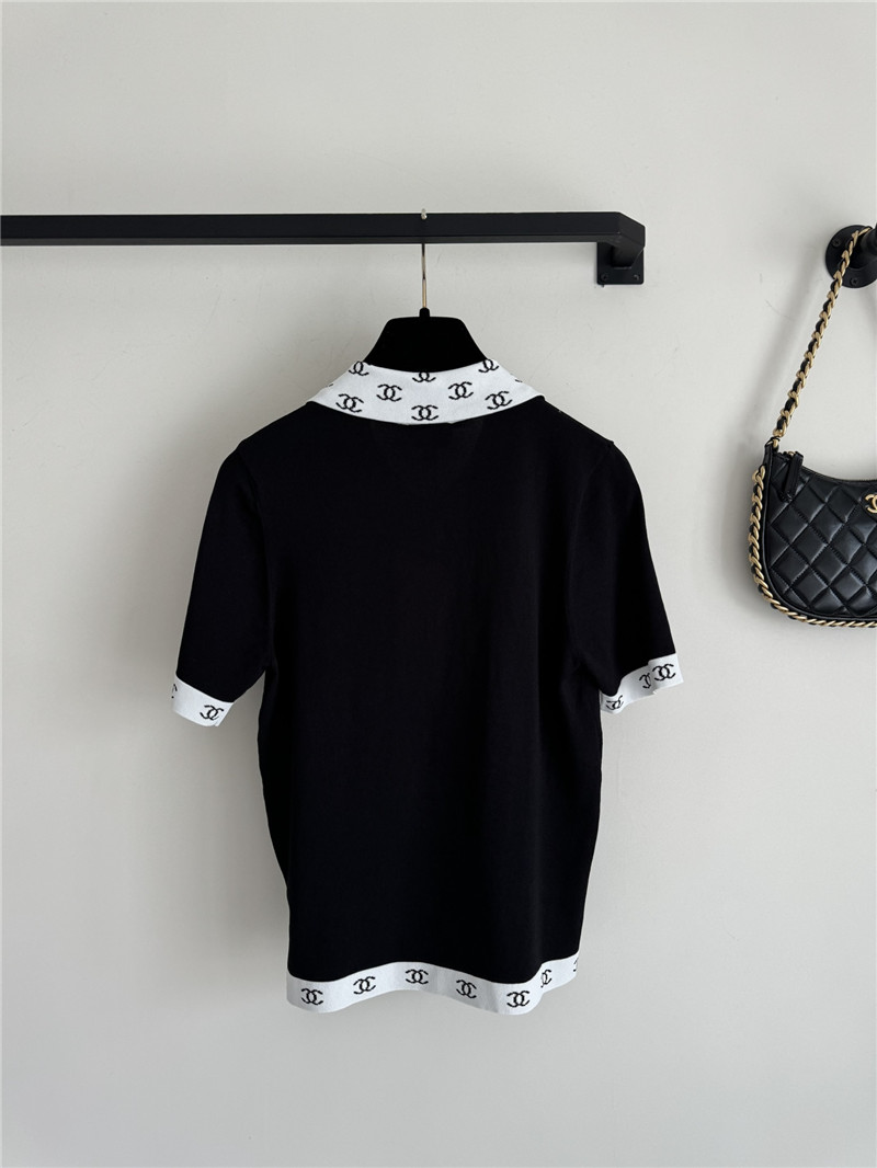 Ch**el contrast color lapel knitted short sleeves replica clothes