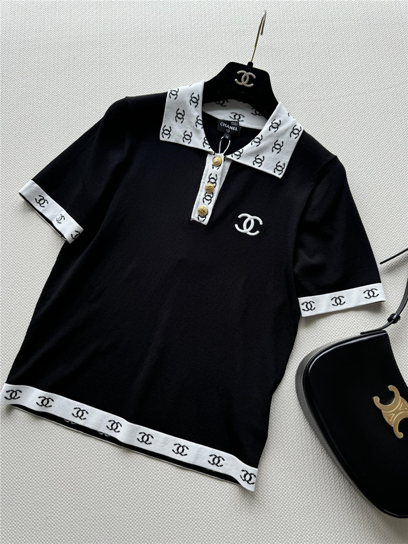 Ch**el contrast color lapel knitted short sleeves replica clothes