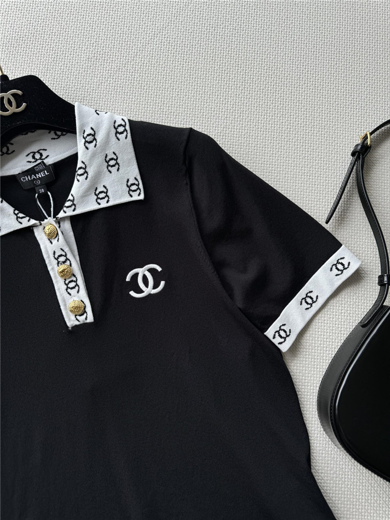 Ch**el contrast color lapel knitted short sleeves replica clothes