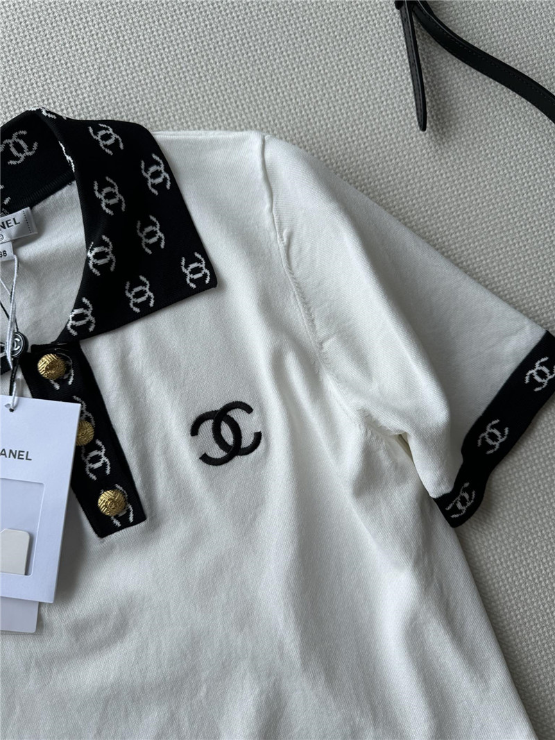 Ch**el contrast color lapel knitted short sleeves replica clothes