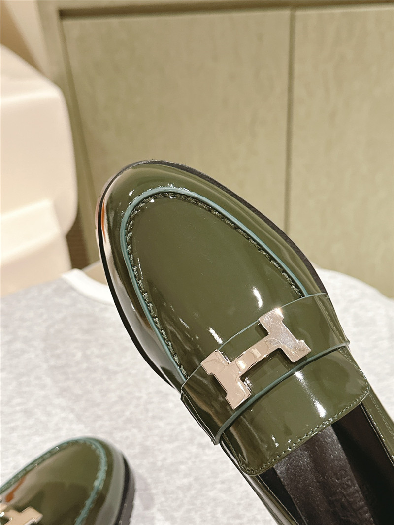 H**me5 green patent leather h buckle loafers for women
