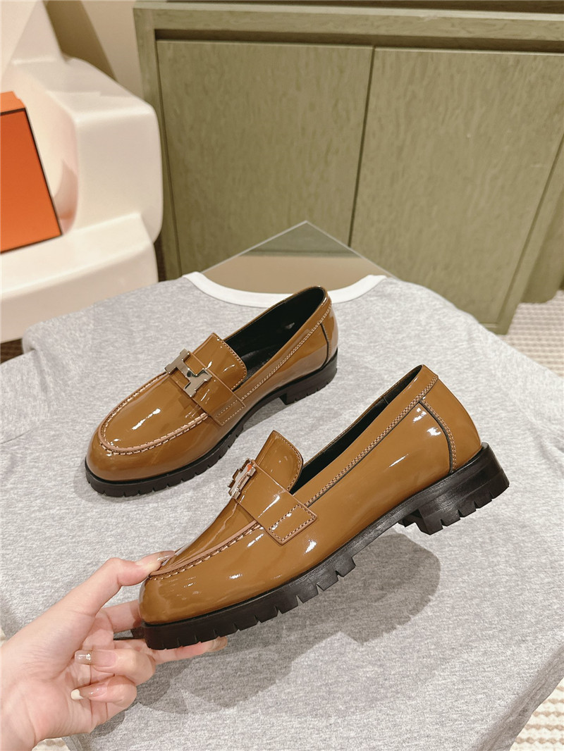 H**me5 beige patent leather h buckle loafers for women