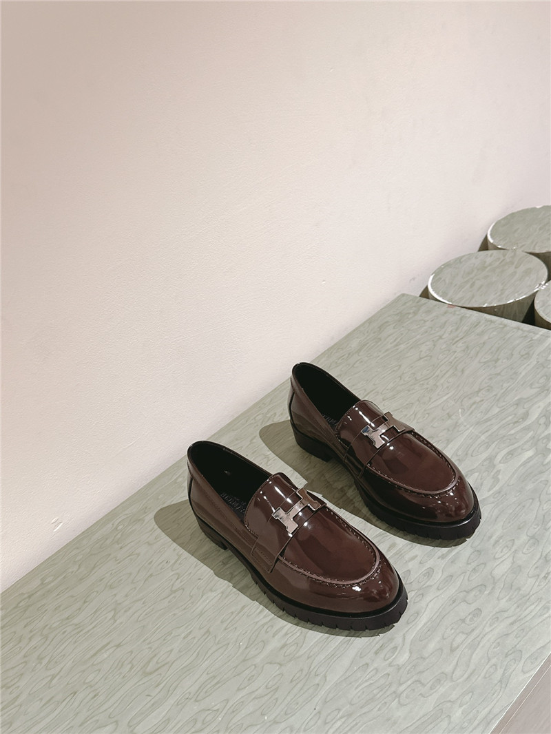 Hermes Brown Patent Leather H Buckle Loafers