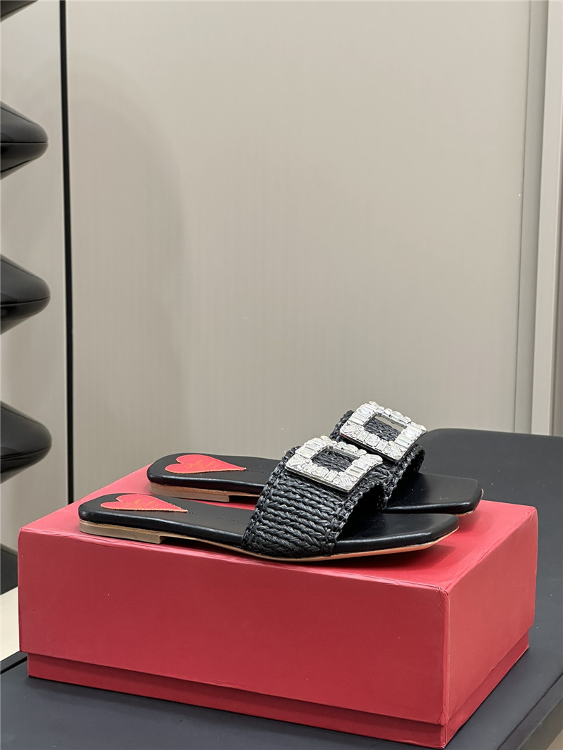Roger Vivier Buckle Raffia Flat Slides Black
