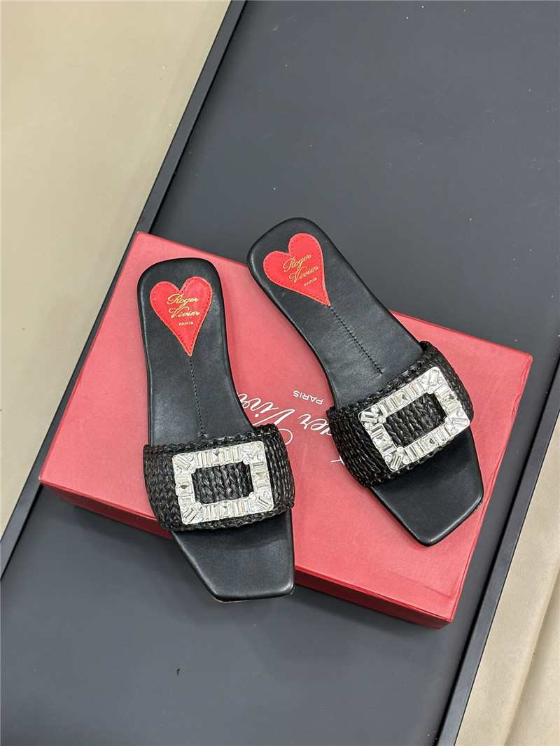 Roger Vivier Buckle Raffia Flat Slides Black