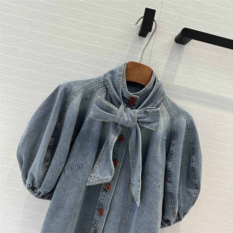 Zimm tie bow stand collar denim shirt replica clothes
