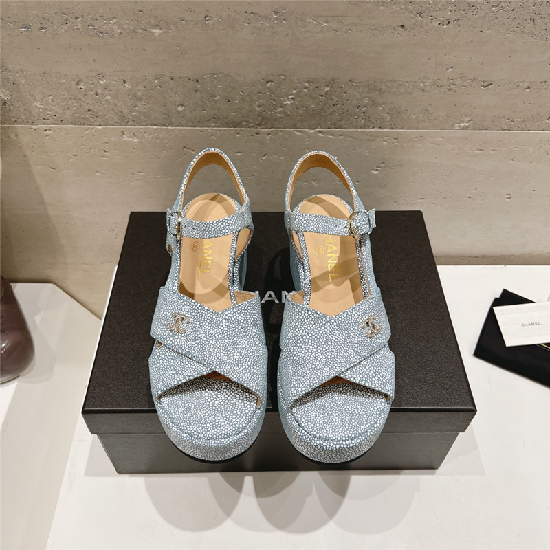 Ch**el open toe platform blue suede sandals