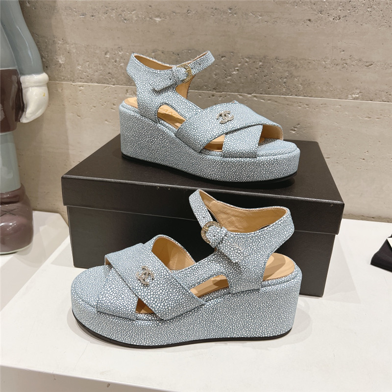 Chanel Open Toe Platform Blue Suede Sandals