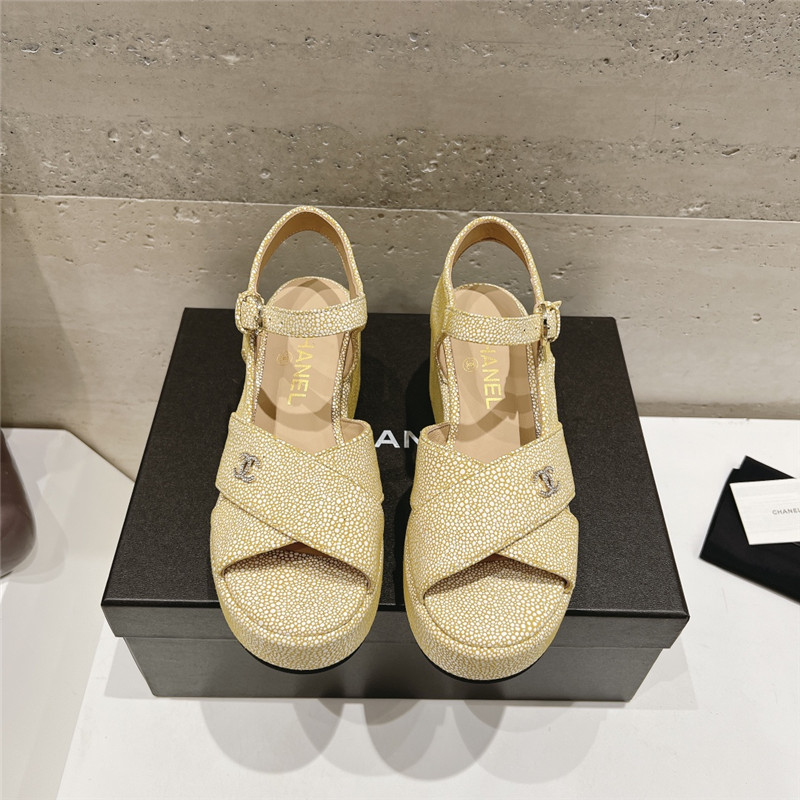 Chanel Open Toe Platform Beige Suede Sandals