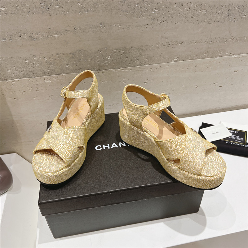 Chanel Open Toe Platform Beige Suede Sandals