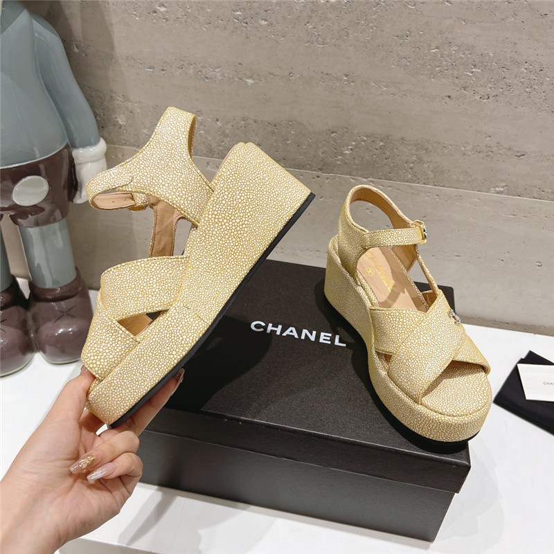 Chanel Open Toe Platform Beige Suede Sandals