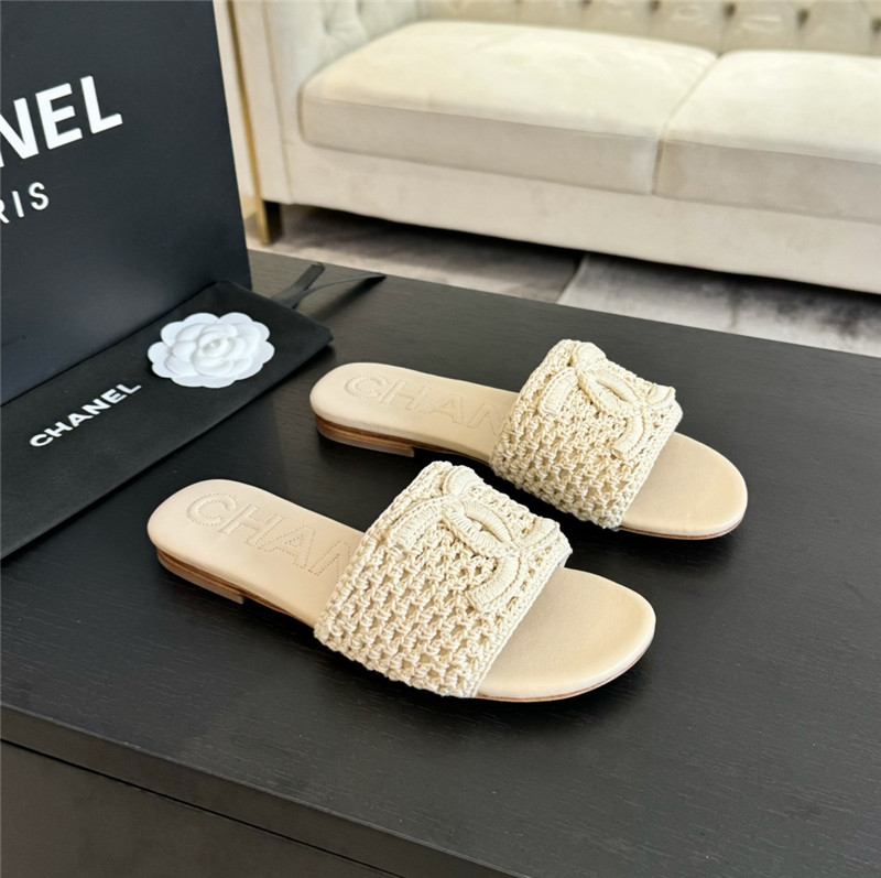 Chanel Logo Beige Tweed Leather Flat Slides