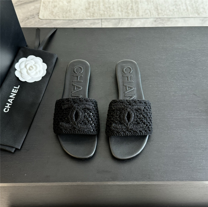 Ch**el logo black tweed leather flat slides