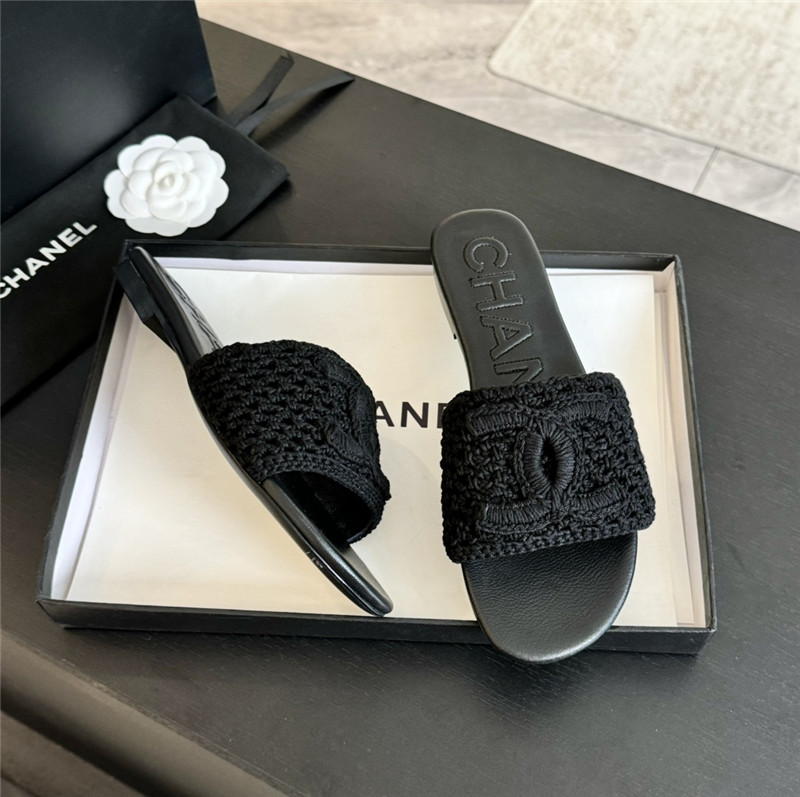Ch**el logo black tweed leather flat slides
