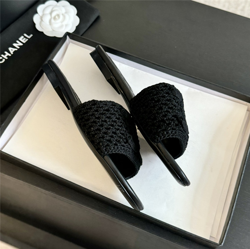 Ch**el logo black tweed leather flat slides