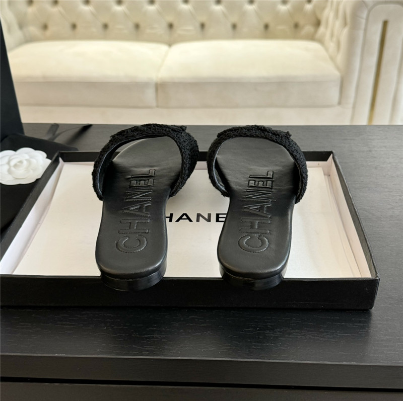 Ch**el logo black tweed leather flat slides