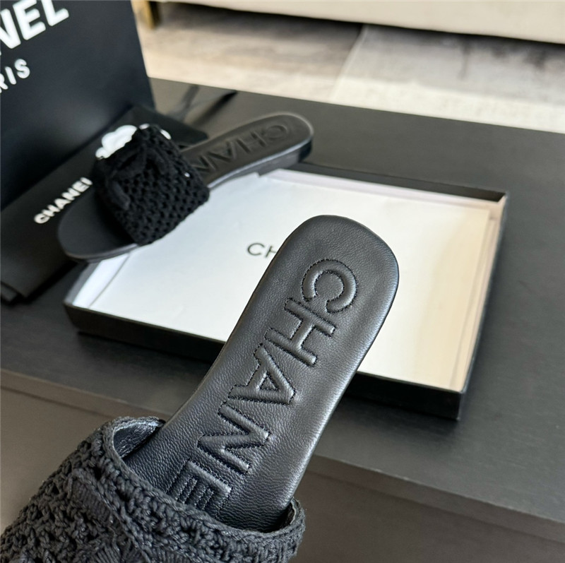 Ch**el logo black tweed leather flat slides