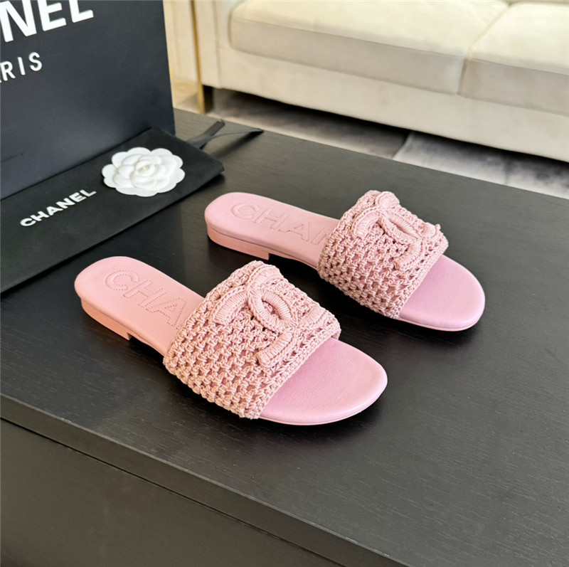 Chanel Logo Pink Tweed Leather Flat Slides