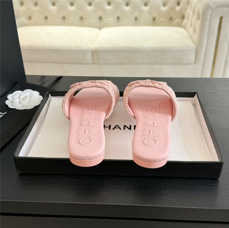 Ch**el logo pink tweed leather flat slides