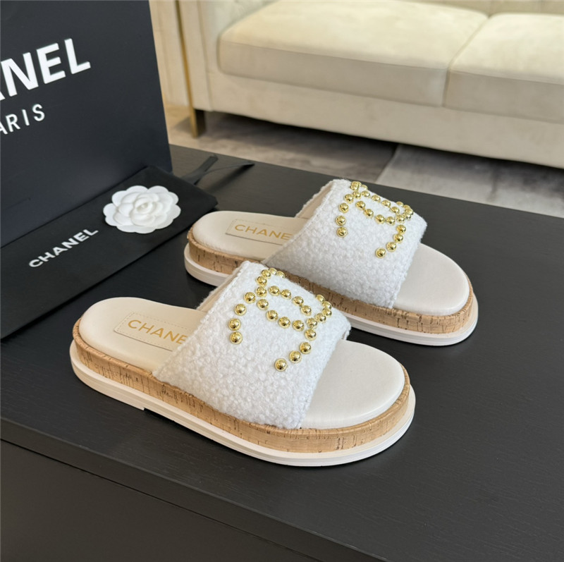 Chanel Logo Platform Pearl Tweed Slipper White