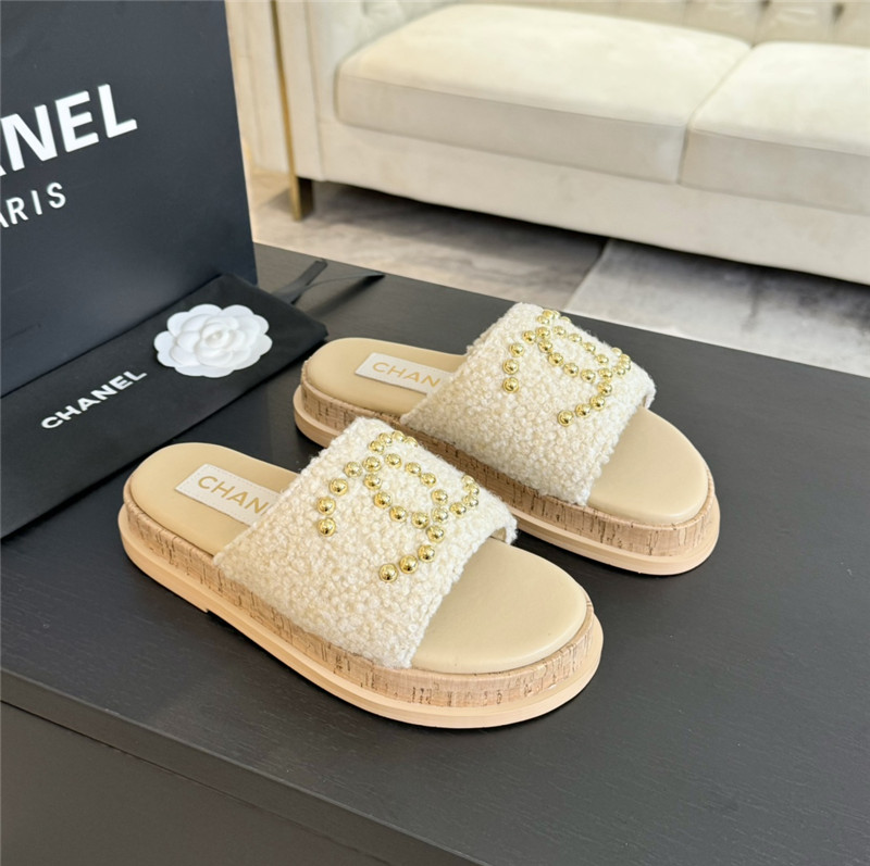 Chanel Logo Platform Pearl Tweed Slipper Beige